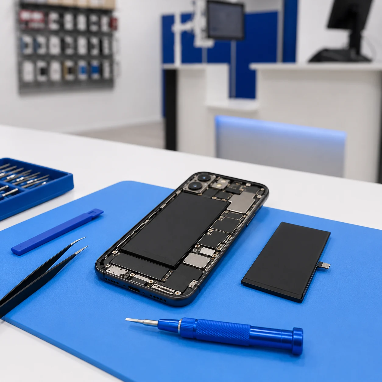 Geöffnetes Smartphone auf einer blauen Reparaturmatte