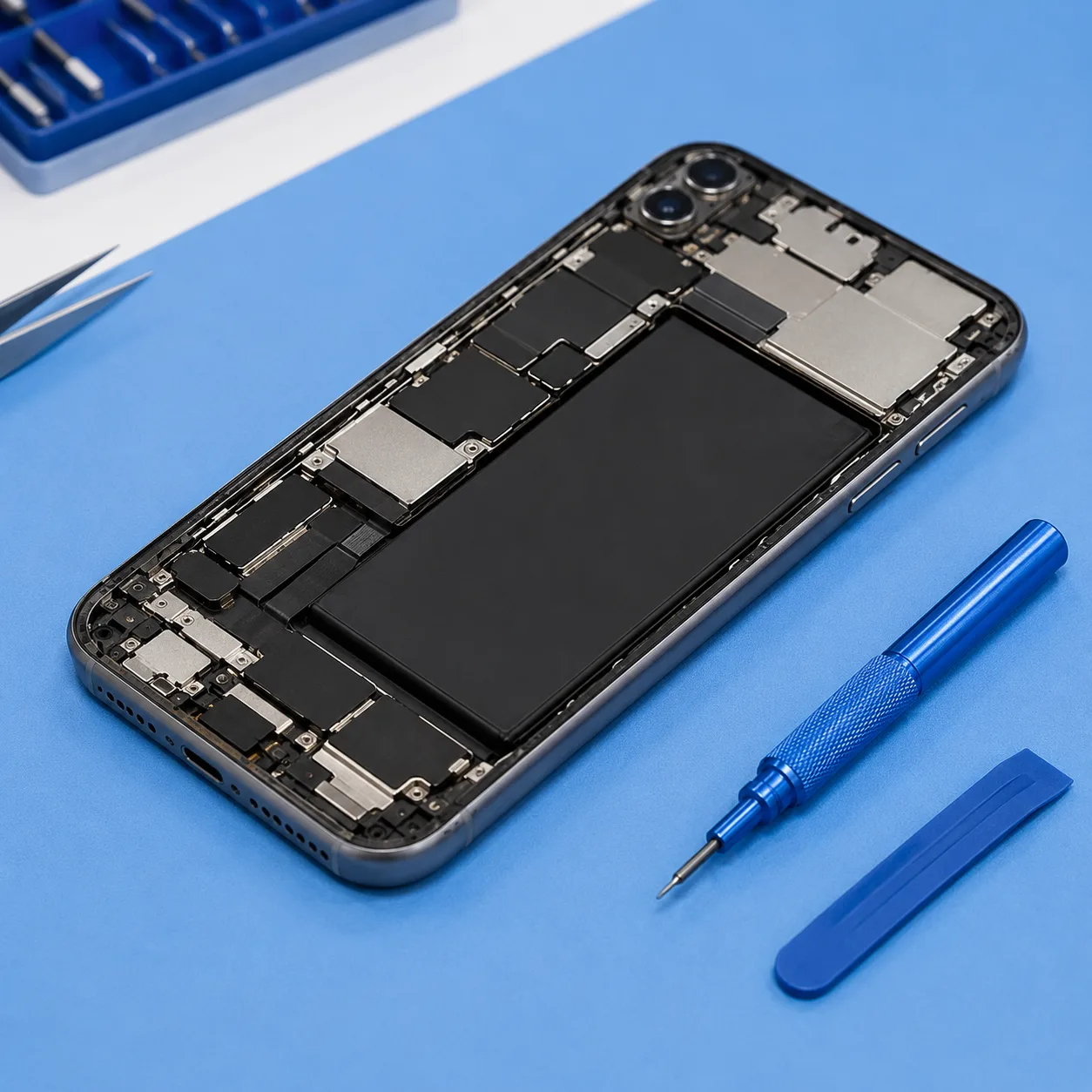 Geöffnetes Smartphone mit Werkzeug für den Preis-Check